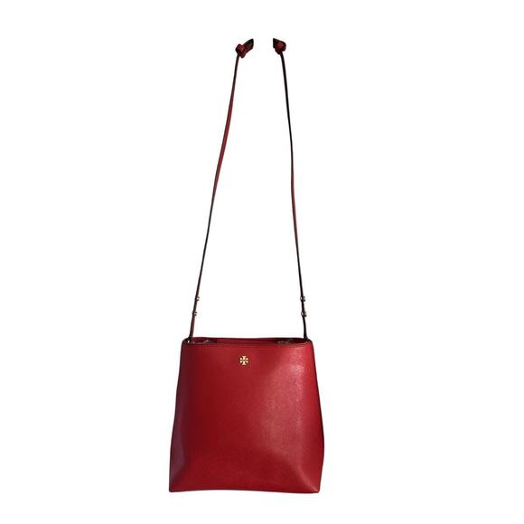 NWT Tory Burch Emerson Bucket Bag Red Saffiano Leather Bearberry Crossbody - Picture 9 of 16
